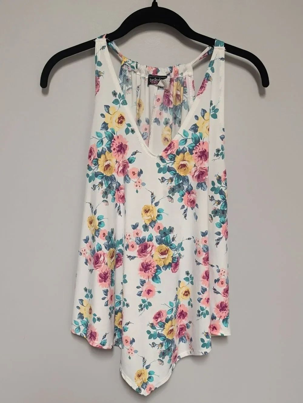 Floral V-Neck Racerback Tank - White with Pink & Yellow Roses